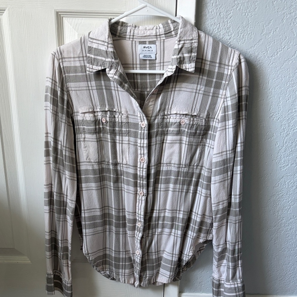 RVCA Plaid Button Down Shirt in Gray and Pink
